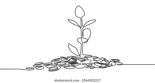 A tree growing from a coin, symbolizing the connection between finance and growth. Continuous line drawing illustrating business and banking concepts. Vector illustration hand drawn.