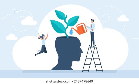 Tree growing from a head. Mind growth progress, learning concept. Head silhouette with tiny people growing plant. Brain process and intellectual activity improvement strategy. Vector illustration.