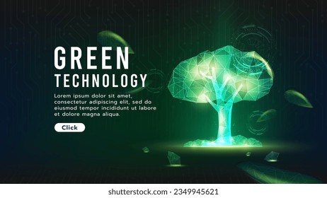 Tree growing with leaf falling.Low polygon.Green technology and science concept, ecology system.Hi-tech and futuristic.Digital and technology concept background.