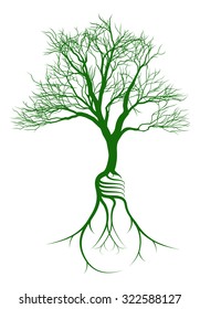 Tree growing from light bulb shaped roots. The growth of an idea