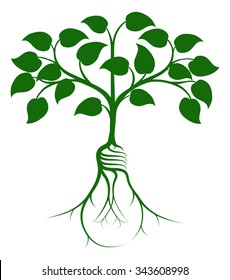 Tree growing from light bulb shaped roots. The growth of an idea