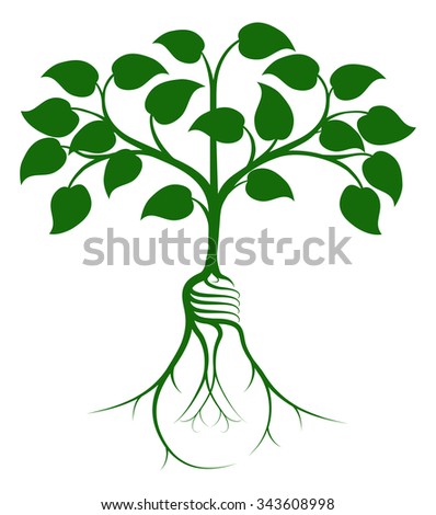 Tree growing from light bulb shaped roots. The growth of an idea