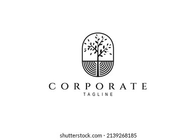 tree growing logo inside oval frame with minimalistic line art design style