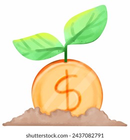 A tree growing on a coin planted on the ground represents growth and prosperity, vector illustration.