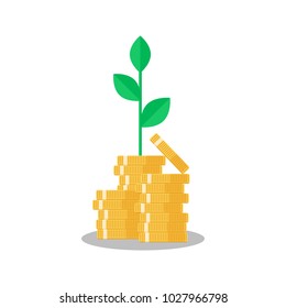 Tree growing on coins stack with Mutual fund, Income increase, financial strategy performance, interest rate, budget balance, revenue growth, credit money, flat icon, Vector illustration
