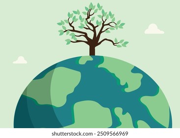 Árbol que crece en la ilustración de la tierra. Ilustración del día de la Tierra. Concepto de sostenibilidad. Conservación del medio ambiente - Vector de existencias	