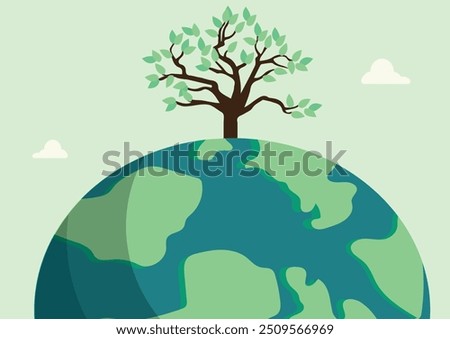 Tree Growing on Earth Illustration. Earth day illustration. Sustainability concept. Environmental conservation - stock vector	