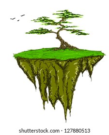Tree growing on a floating island, vector illustration, isolated on white