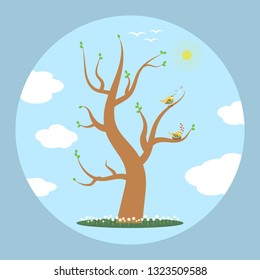 The tree is growing on a flower meadow against the background of white clouds and the sun in the blue sky. Two songbirds are on the oak branches.