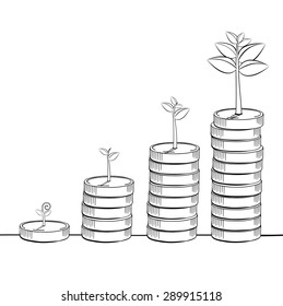 Tree Growing On Golden Coin. Line Drawing, Business Concept, Illustration Vector Eps10