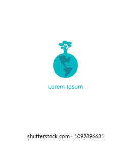 Tree growing on planet earth, vector illustration logo, flat silhouette, blue, white, day environment, america north and south, concept