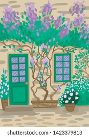 Tree growing on the wall of a stone house, flowers in a pot, flower beds and shrubs with flowers. Entrance from the house to the coast. Warm country. Vector flat cartoon concept illustration.