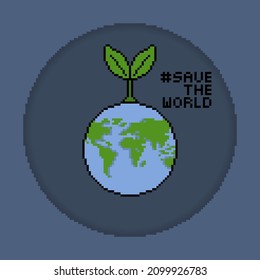 Tree Growing on the World in Pixel Drawing Style, Suitable for Save The World and Earth Day Concept.