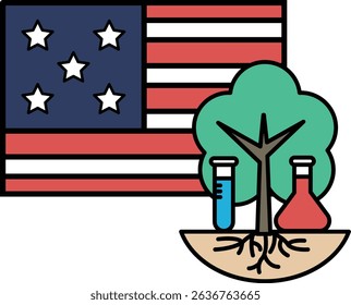 A tree is growing out of the ground next to a flag. The flag is red, white, and blue