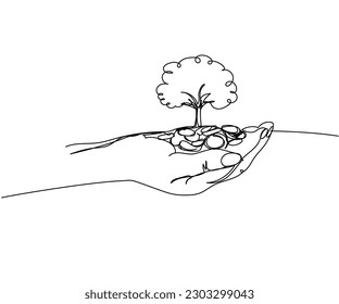 Tree Growing from Pile of Coins in hand, cents, pennies dollars, hryvnia, euro one line art. Continuous line drawing of bank, money, finance, financial, payment, data, savings, economic, wealth credit