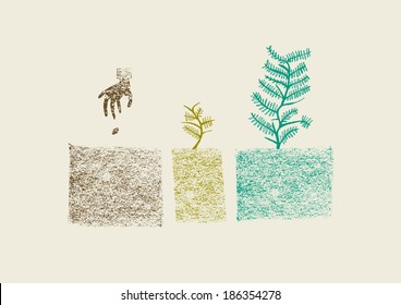 Tree Growing Process in three steps. Color full hand drawn illustration.