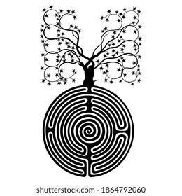 Árbol que crece a partir de laberinto o laberinto espiral redondo. Concepto creativo. Misterio de la vida. Silueta blanca y negra.