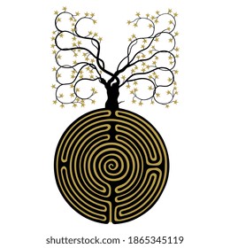 Tree growing from round spiral maze or labyrinth. Creative concept. Mystery of life. Black and gold silhouette.
