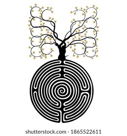 Tree growing from round spiral maze or labyrinth. Creative concept. Mystery of life. Black and white silhouette with gold.