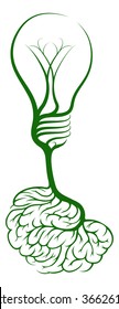 A tree growing in the shape of a lightbulb from brain shaped roots. Could be a concept for ideas or innovation