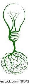 A tree growing in the shape of a lightbulb from brain shaped roots. Could be a concept for ideas or innovation