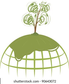 The tree growing from the stylised image of a planet