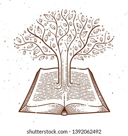 Tree growing from text lines of an open vintage book education or science knowledge concept, educational or scientific literature library vector logo or emblem. 