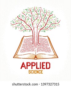 Tree growing from text lines of an open vintage book education or science knowledge concept, educational or scientific literature library vector logo or emblem. 