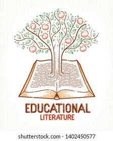 Tree growing from text lines of an open vintage book education or science knowledge concept, educational or scientific literature library vector logo or emblem. 