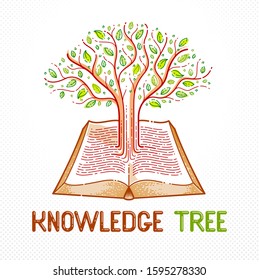 Tree growing from text lines of an open vintage book education or science knowledge concept, educational or scientific literature library vector logo or emblem. 
