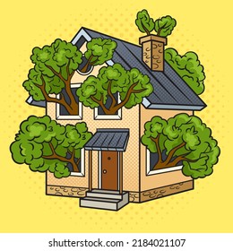 Tree grows inside house and branches in windows pop art retro vector illustration. Comic book style imitation.