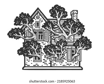 Tree grows inside house and branches in windows sketch engraving vector illustration. Scratch board imitation. Black and white hand drawn image.