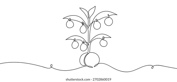 The tree grows into a line of coins. One line drawing background. Vector illustration.
