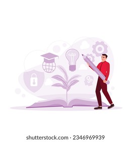 A tree grows out of a book. Entrepreneurs learn on their own and increase their knowledge on the go. Trend Modern vector flat illustration