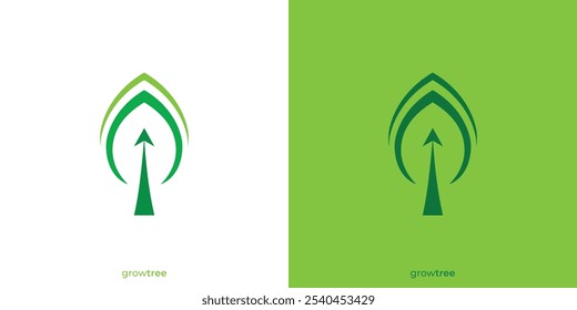 Logo "Tree Growth Up" Abstraktes Baumblatt und Pfeil nach oben mit minimalistischem Stil. Nature Grow Logo, Symbol, Symbol, Vektor, Design Inspiration.