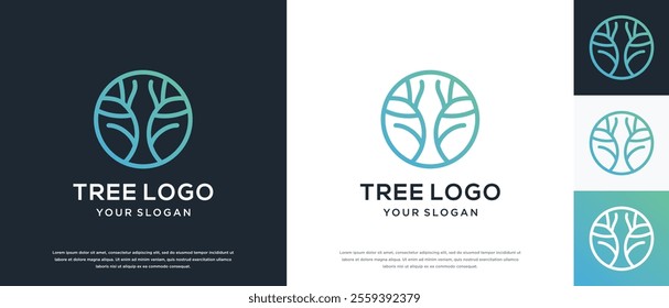 Tree growth logo design. Nature tree logo template made with lines and circles.
