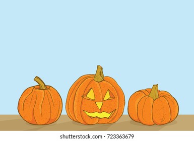 Tree Halloween Pumpkins with light blue background, fall colors. Hand drawn vector textured detailed illustration