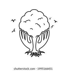 Tree hand birds nature illustration, black line drawing 