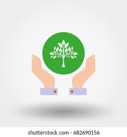 Tree in a hand. Button. Sign of environmental protection. Icon for web and mobile application. Vector illustration on a white background. Flat design style