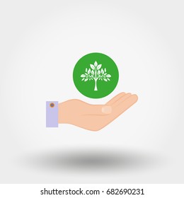 Tree in a hand. Button. Sign of environmental protection. Icon for web and mobile application. Vector illustration on a white background. Flat design style