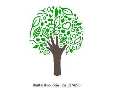 Tree with hand. Tree green icon with hand. Vector eco icon. Eco friendly sticker. Tree with leaves. Helping hand