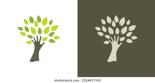 Tree hand leaf icon logo vector plant life nature isolated