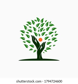 Tree hand logo design vector template