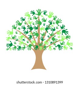 The tree from the hand prints. Wood in the form of palms print, handprints. Tree made of diverse handprints shape. Community help concept illustration.
