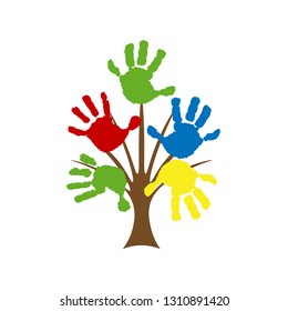 The tree from the hand prints. Wood in the form of palms print, handprints. Tree made of diverse handprints shape. Community help concept illustration.