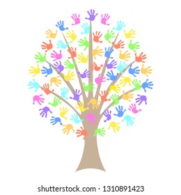 The tree from the hand prints. Wood in the form of palms print, handprints. Tree made of diverse handprints shape. Community help concept illustration.