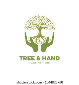 Tree and hand symbol logo design vector template