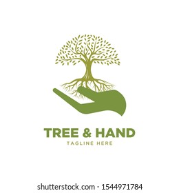 Tree and hand symbol logo design vector template