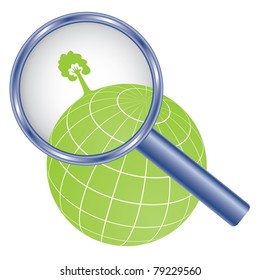 Tree with hand symbol on earth globe under magnifier glass. Abstract ecology concept illustration.