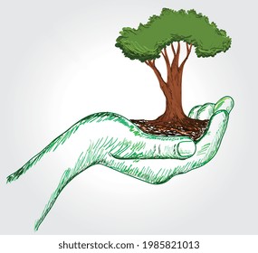 tree in hand. vector illustration
